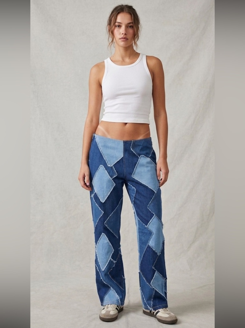 JADED London Jeans Womens 32 Blue Diamond Patchwork Extreme Low Rise Y2K Style